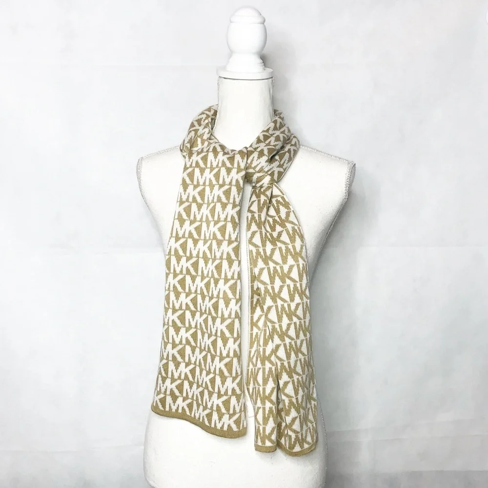 MICHAEL KORS Tan & White Signature Logo Scarf